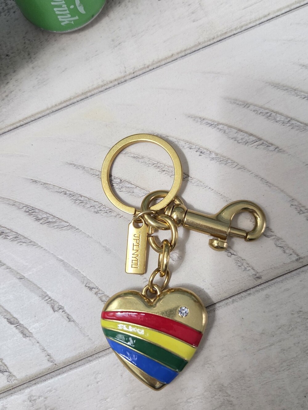 Rainbow Striped Heart Bag Charm Gold Enamel Purse Keychain, NIP